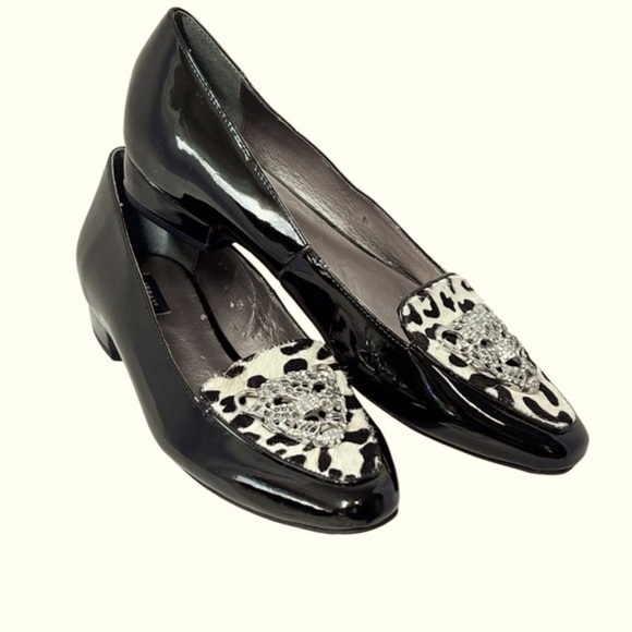 ARRAY Leopard Print Jeweled Cheetah Face Black Patent Loafers Shoes Women's 9N - Picture 1 of 16